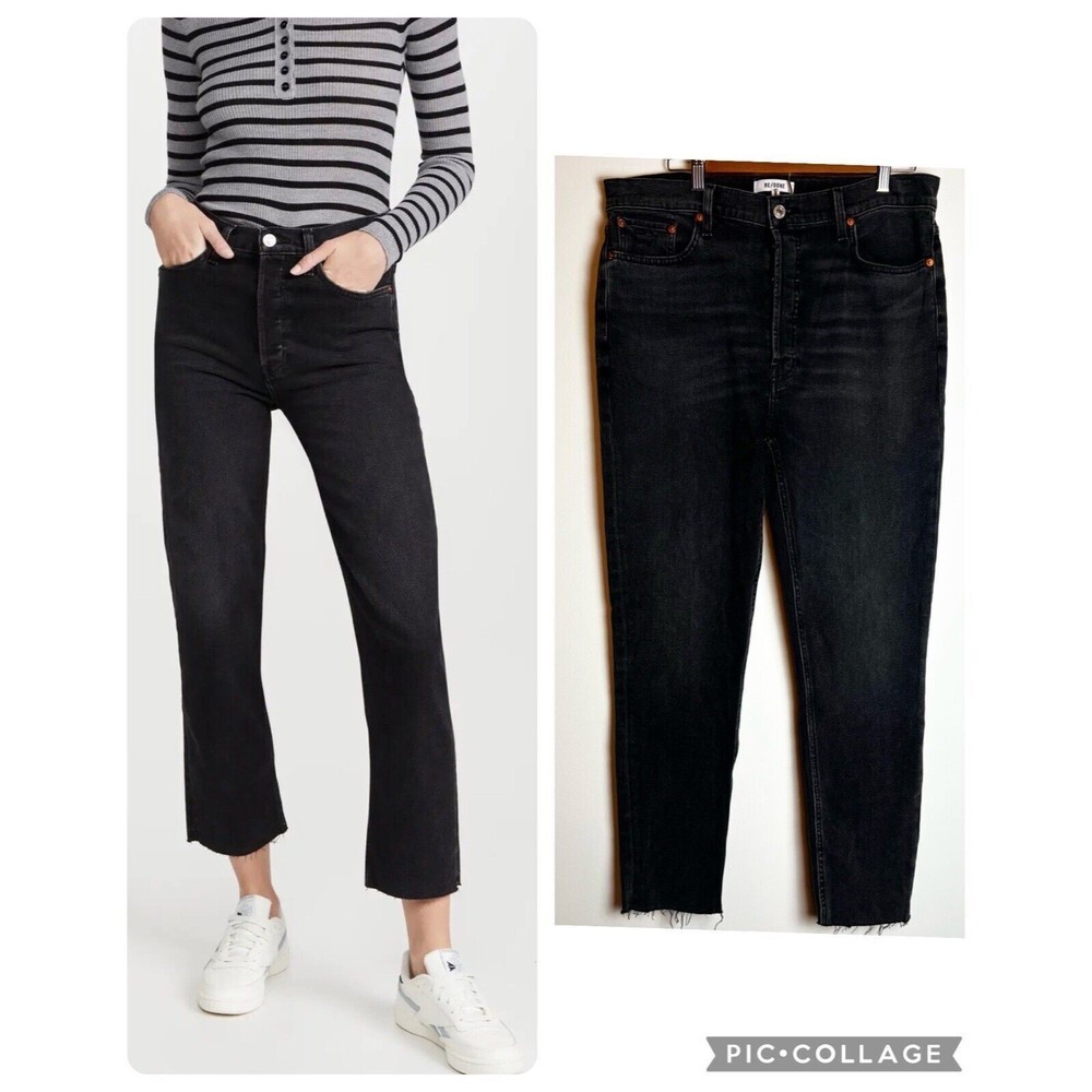Re/Done 70s Stove Pipe High Rise Jeans Black Ankle Raw Hem NWT Sz 32 / 14 - Picture 1 of 16